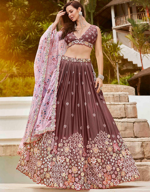 Designer Wedding Party Wear Heavy Lehenga Choli Collection Rose Gold Poly Georgette Lehenga Choli Back View