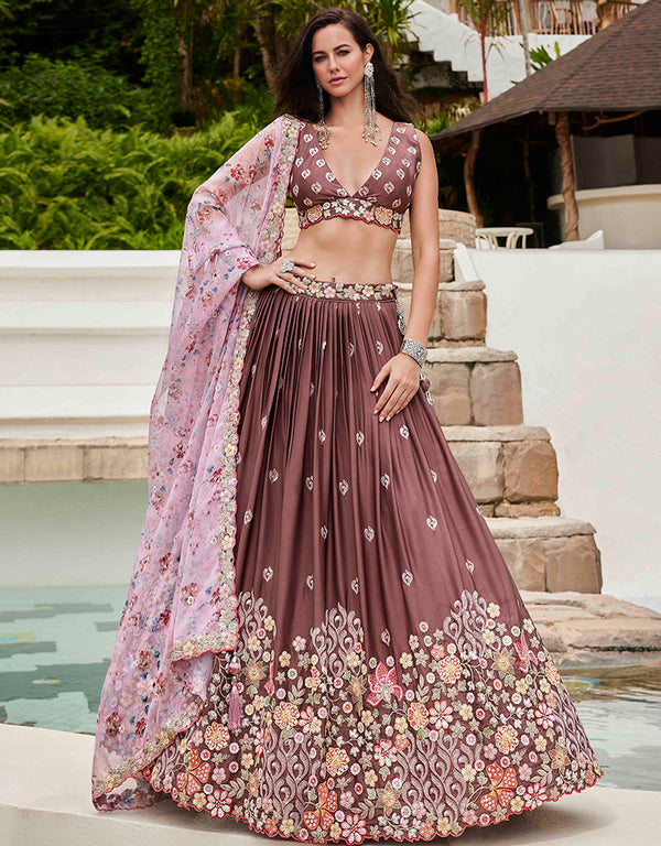 Designer Wedding Party Wear Heavy Lehenga Choli Collection Rose Gold Poly Georgette Lehenga Choli Front View