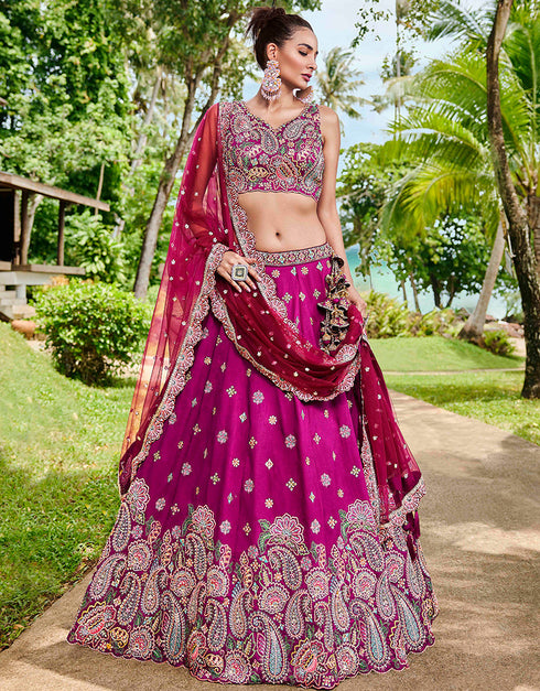 Designer Wedding Party Wear Heavy Lehenga Choli Collection Burgundy Satin Lehenga Choli Back View