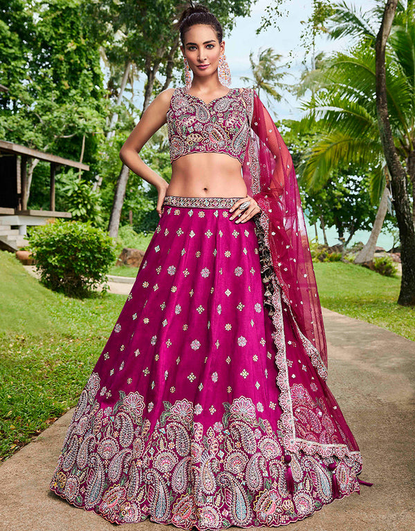 Designer Wedding Party Wear Heavy Lehenga Choli Collection Burgundy Satin Lehenga Choli Front View