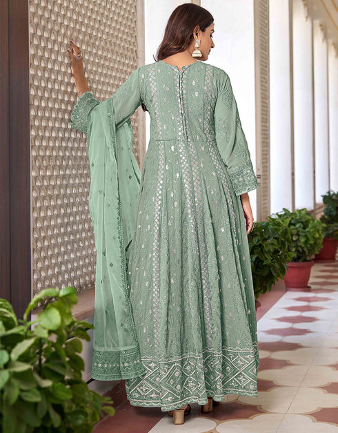 Designer Function Wear Heavy Salwar Suit Collection Sea Green Heavy Faux Georgette Pant Anarkali Back View