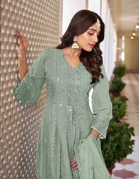 Designer Function Wear Heavy Salwar Suit Collection Sea Green Heavy Faux Georgette Pant Anarkali Front View