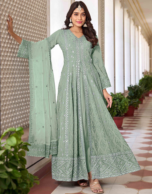Designer Function Wear Heavy Salwar Suit Collection Sea Green Heavy Faux Georgette Pant Anarkali Front View