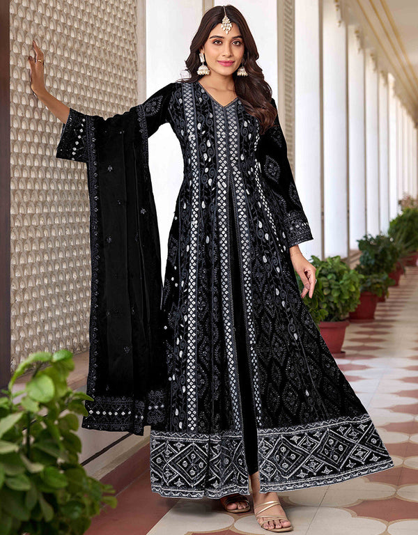 Designer Function Wear Heavy Salwar Suit Collection Black Heavy Faux Georgette Pant Anarkali Front View