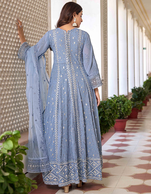 Designer Function Wear Heavy Salwar Suit Collection Blue Heavy Faux Georgette Pant Anarkali Back View
