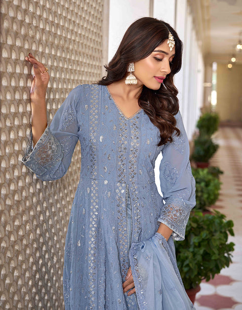 Designer Function Wear Heavy Salwar Suit Collection Blue Heavy Faux Georgette Pant Anarkali Front View