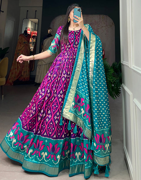 Designer Party Wear Heavy Readymade Gown With Dupatta Collection Purple Tussar Silk Gown Close-up View