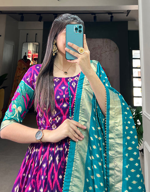 Designer Party Wear Heavy Readymade Gown With Dupatta Collection Purple Tussar Silk Gown Back View