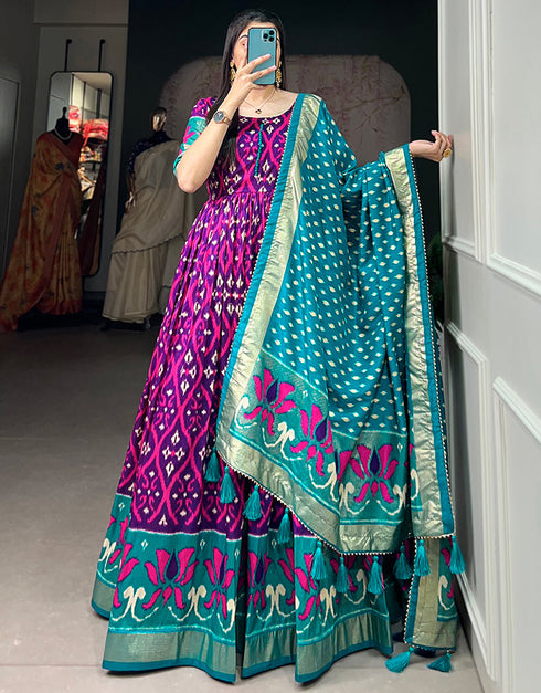 Designer Party Wear Heavy Readymade Gown With Dupatta Collection Purple Tussar Silk Gown Front View