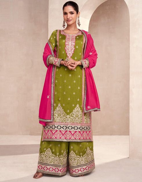 Designer Function Wear Heavy Readymade Salwar Suit Collection Olive Premium Silk Palazzo Straight Front View