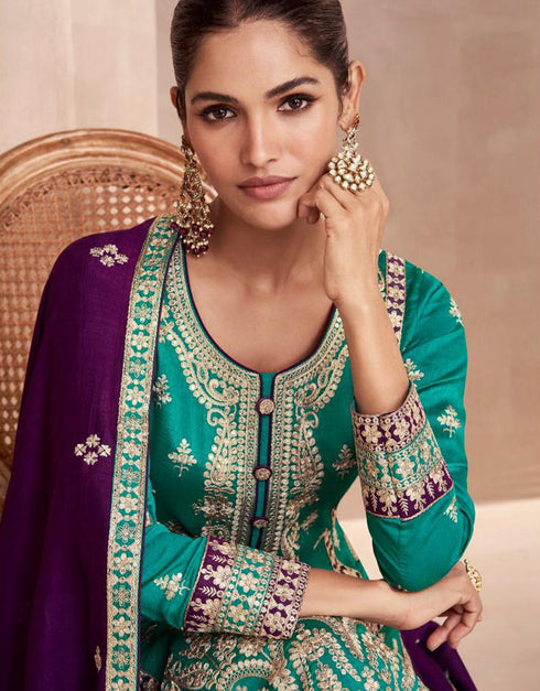 Designer Function Wear Heavy Readymade Salwar Suit Collection Rama Blue Premium Silk Palazzo Straight Close-up View