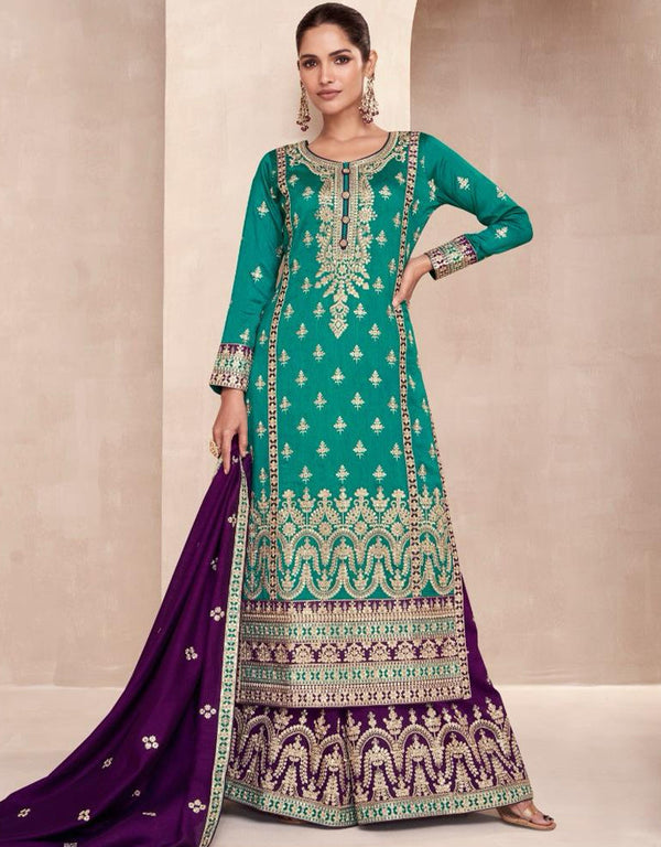Designer Function Wear Heavy Readymade Salwar Suit Collection Rama Blue Premium Silk Palazzo Straight Front View