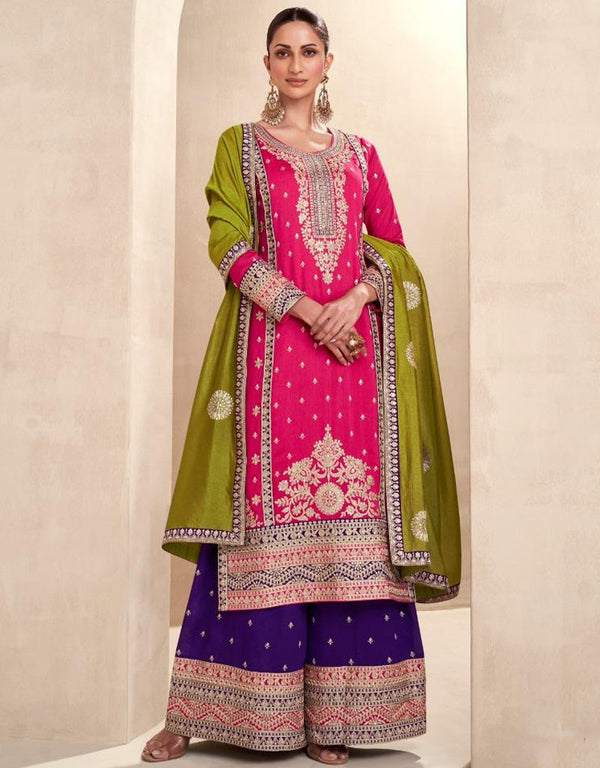 Designer Function Wear Heavy Readymade Salwar Suit Collection Pink Premium Silk Palazzo Straight Front View