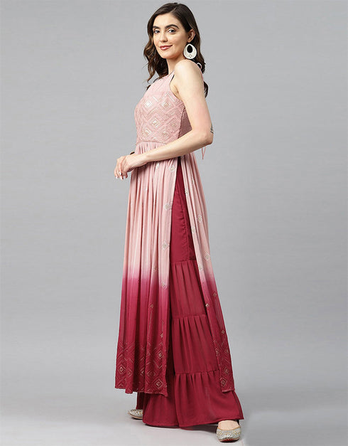Designer Party Wear Heavy Readymade Gown With Sharara Collection Peach Georgette Sharara Gown Back View