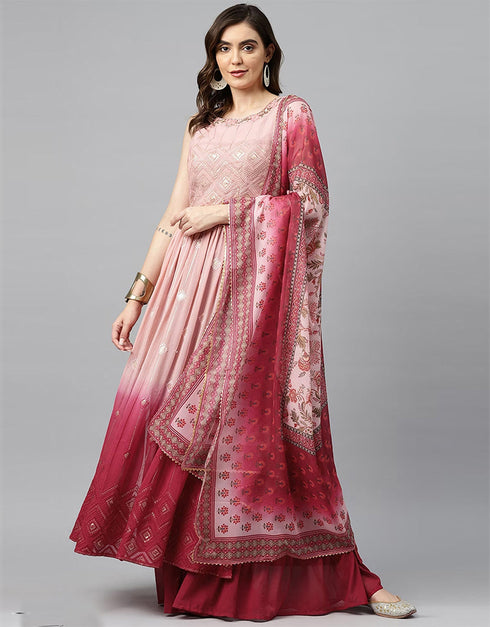 Designer Party Wear Heavy Readymade Gown With Sharara Collection Peach Georgette Sharara Gown Front View