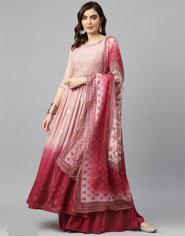 Designer Party Wear Heavy Readymade Gown With Sharara Collection Peach Georgette Sharara Gown Front View