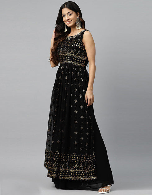 Designer Party Wear Heavy Readymade Gown With Sharara Collection Black Georgette Sharara Gown Back View