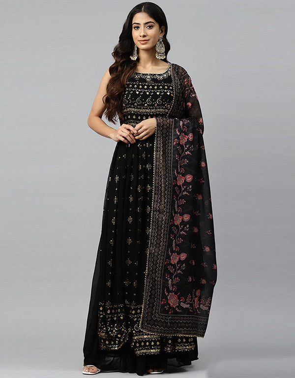 Designer Party Wear Heavy Readymade Gown With Sharara Collection Black Georgette Sharara Gown Front View