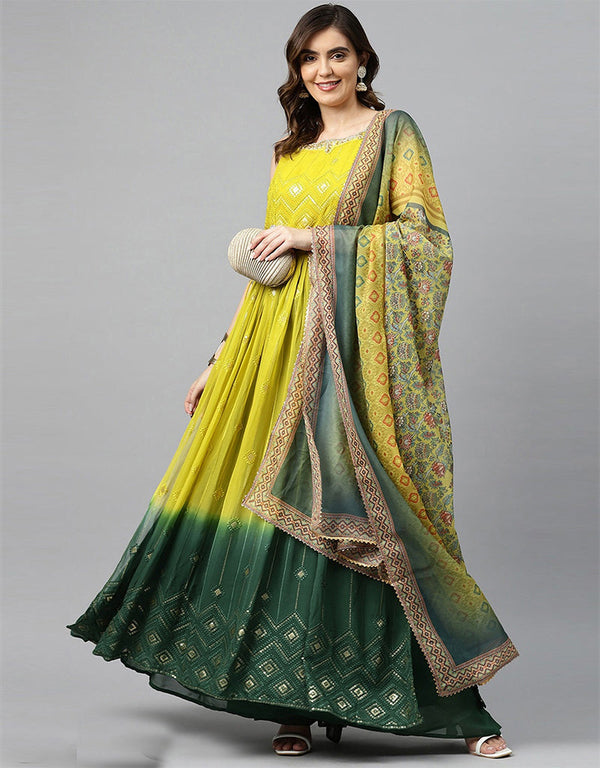 Designer Party Wear Heavy Readymade Gown With Sharara Collection Yellow Georgette Sharara Gown Front View