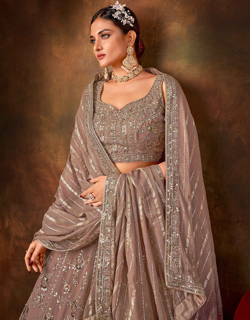 Designer Function Wear Heavy Lehenga Choli Collection Brown Faux Georgette Lehenga Choli Close-up View