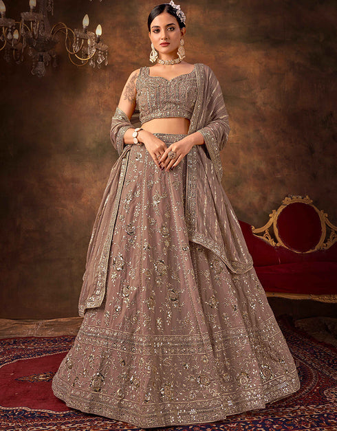 Designer Function Wear Heavy Lehenga Choli Collection Brown Faux Georgette Lehenga Choli Front View