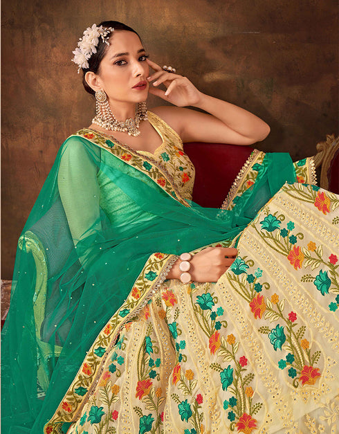 Designer Function Wear Heavy Lehenga Choli Collection Cream Net Lehenga Choli Close-up View
