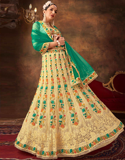 Designer Function Wear Heavy Lehenga Choli Collection Cream Net Lehenga Choli Front View