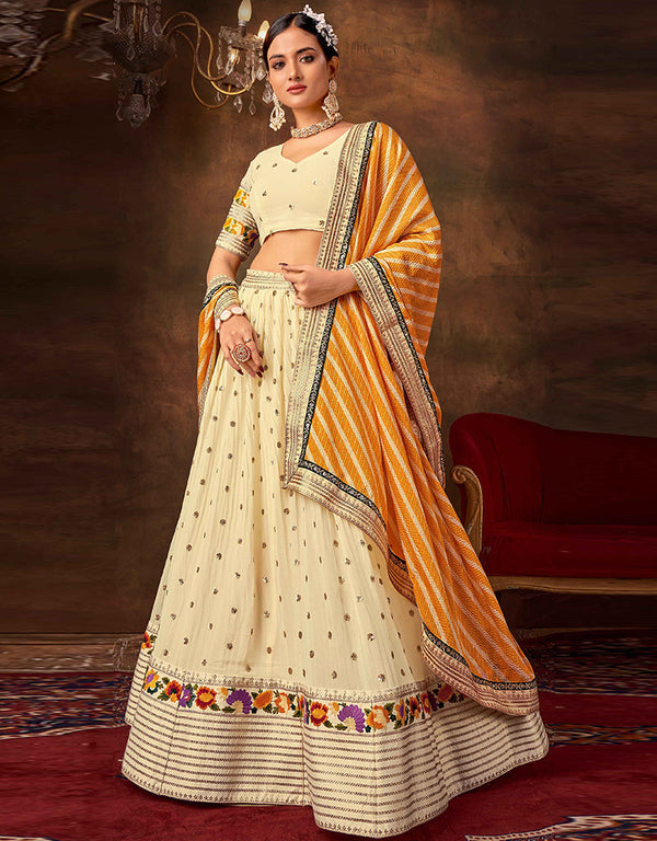 Designer Function Wear Heavy Lehenga Choli Collection Off White Pure Georgette Lehenga Choli Front View