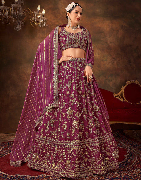 Designer Function Wear Heavy Lehenga Choli Collection Wine Pure Georgette Lehenga Choli Front View
