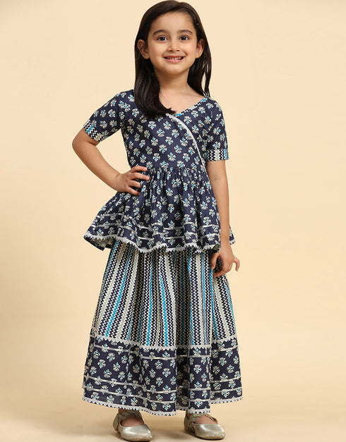Indian Traditional Kids Wear Lehenga Choli Collection Navy Blue Cotton Lehenga Choli Close-up View
