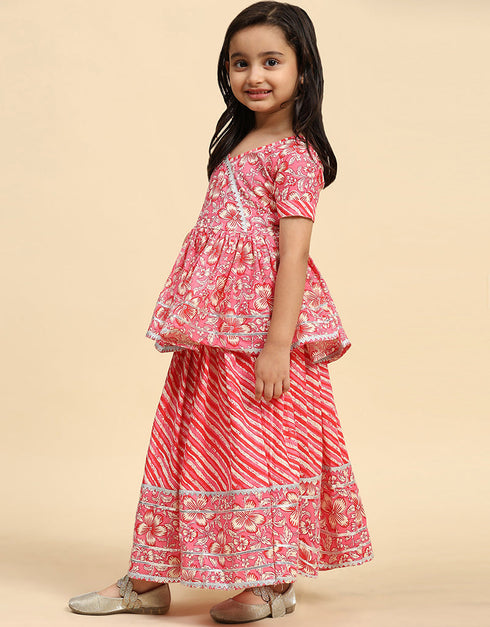 Indian Traditional Kids Wear Lehenga Choli Collection Pink Cotton Lehenga Choli Close-up View