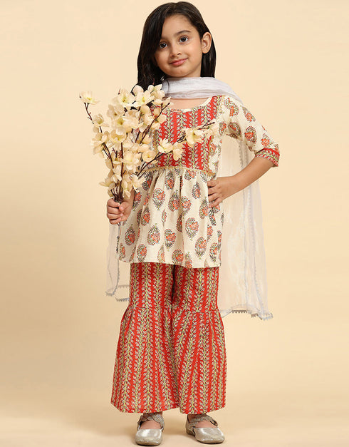 Indian Traditional Kids Wear Readymade Suit Collection Cream Cotton Sharara Suit Front View