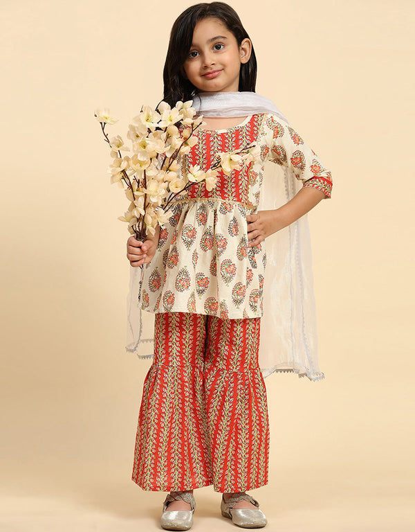 Indian Traditional Kids Wear Readymade Suit Collection Cream Cotton Sharara Suit Front View