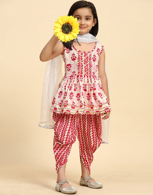 Indian Traditional Kids Wear Readymade Kurti With Patiyala Collection Red Cotton Patiyala Suit Front View