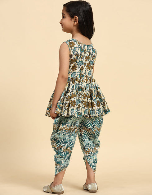 Indian Traditional Kids Wear Readymade Kurti With Patiyala Collection Green Cotton Patiyala Suit Back View