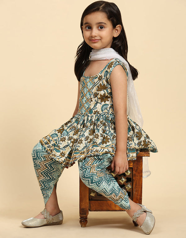 Indian Traditional Kids Wear Readymade Kurti With Patiyala Collection Green Cotton Patiyala Suit Front View