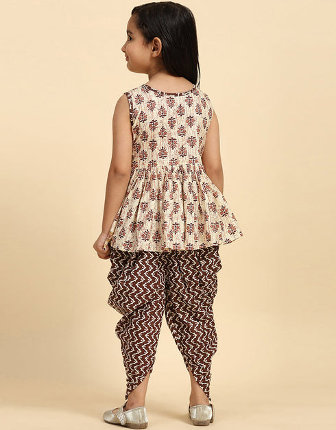 Indian Traditional Kids Wear Readymade Kurti With Patiyala Collection Coffee Cotton Patiyala Suit Back View
