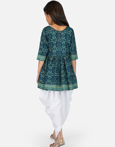 Indian Traditional Kids Wear Readymade Kurti With Patiyala Collection Green Pure Rayon Patiyala Suit Back View