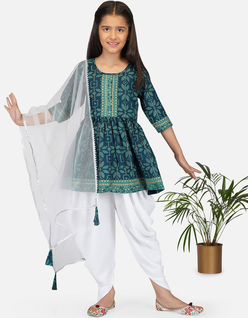 Indian Traditional Kids Wear Readymade Kurti With Patiyala Collection Green Pure Rayon Patiyala Suit Front View