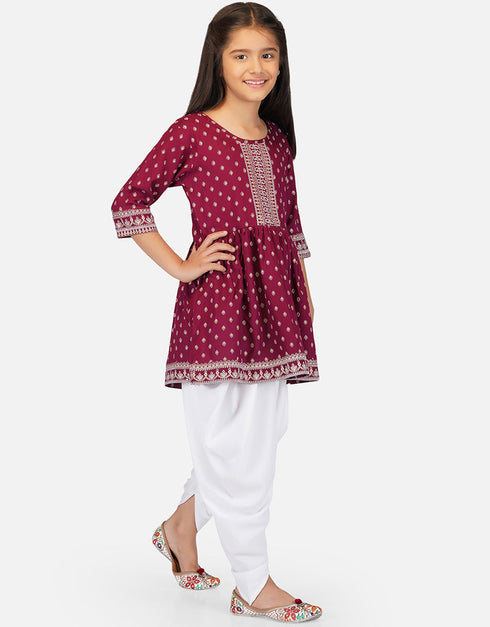 Indian Traditional Kids Wear Readymade Kurti With Patiyala Collection Maroon Pure Rayon Patiyala Suit Close-up View
