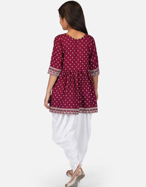 Indian Traditional Kids Wear Readymade Kurti With Patiyala Collection Maroon Pure Rayon Patiyala Suit Back View