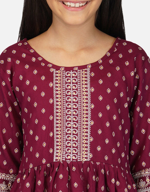 Indian Traditional Kids Wear Readymade Kurti With Patiyala Collection Maroon Pure Rayon Patiyala Suit Side View
