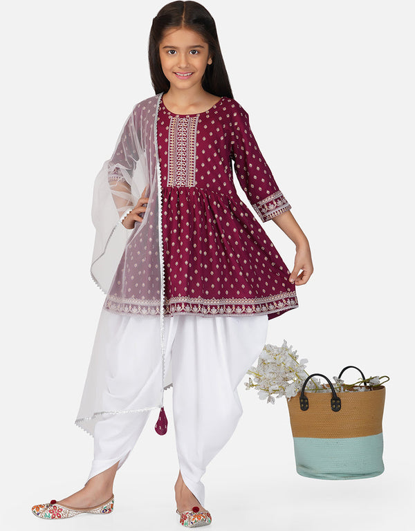 Indian Traditional Kids Wear Readymade Kurti With Patiyala Collection Maroon Pure Rayon Patiyala Suit Front View