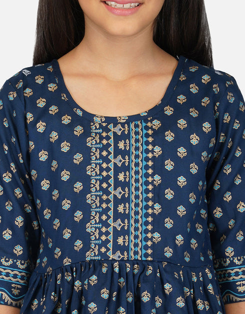 Indian Traditional Kids Wear Readymade Kurti With Patiyala Collection Teal Pure Rayon Patiyala Suit Side View