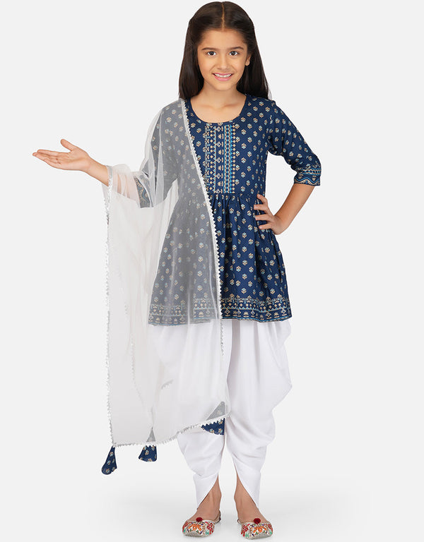 Indian Traditional Kids Wear Readymade Kurti With Patiyala Collection Teal Pure Rayon Patiyala Suit Front View