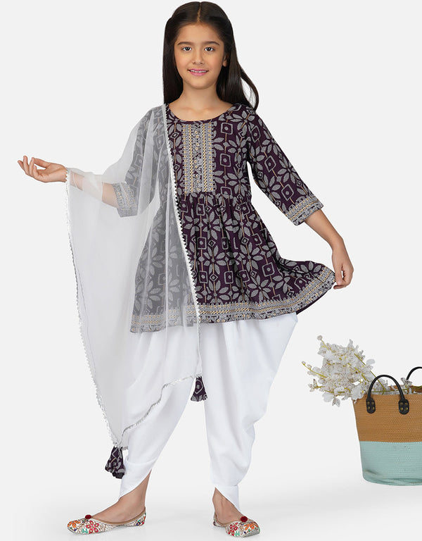 Indian Traditional Kids Wear Readymade Kurti With Patiyala Collection Wine Pure Rayon Patiyala Suit Front View