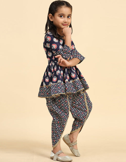 Indian Traditional Kids Wear Readymade Kurti With Dhoti Collection Navy Blue Cotton Patiyala Suit Close-up View
