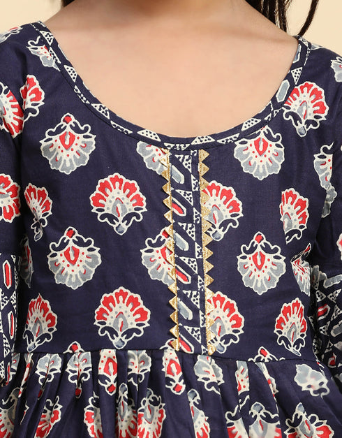 Indian Traditional Kids Wear Readymade Kurti With Dhoti Collection Navy Blue Cotton Patiyala Suit Side View