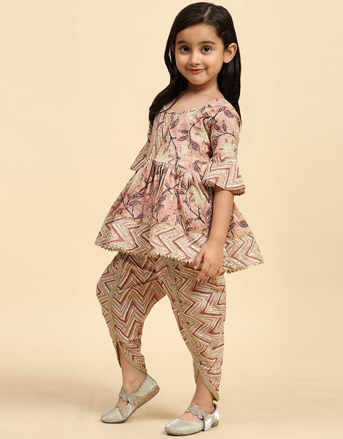 Indian Traditional Kids Wear Readymade Kurti With Dhoti Collection Coffee Cotton Patiyala Suit Close-up View
