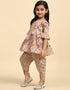 Indian Traditional Kids Wear Readymade Kurti With Dhoti Collection Coffee Cotton Patiyala Suit Close-up View